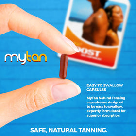 MyTan size comparison next to sunscreen showing travel-friendly benefit
