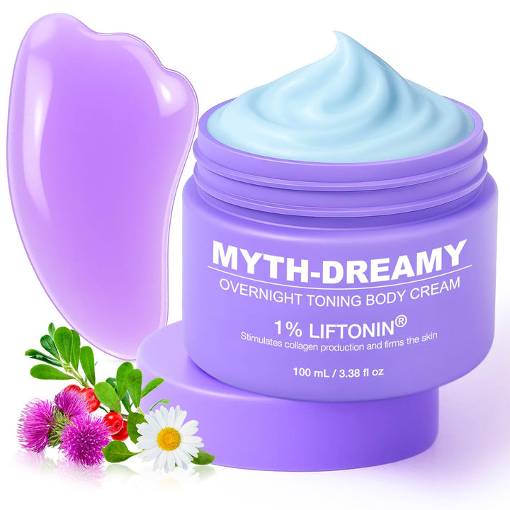 MythosFlow jar front view showing elegant packaging and firming cream benefits
