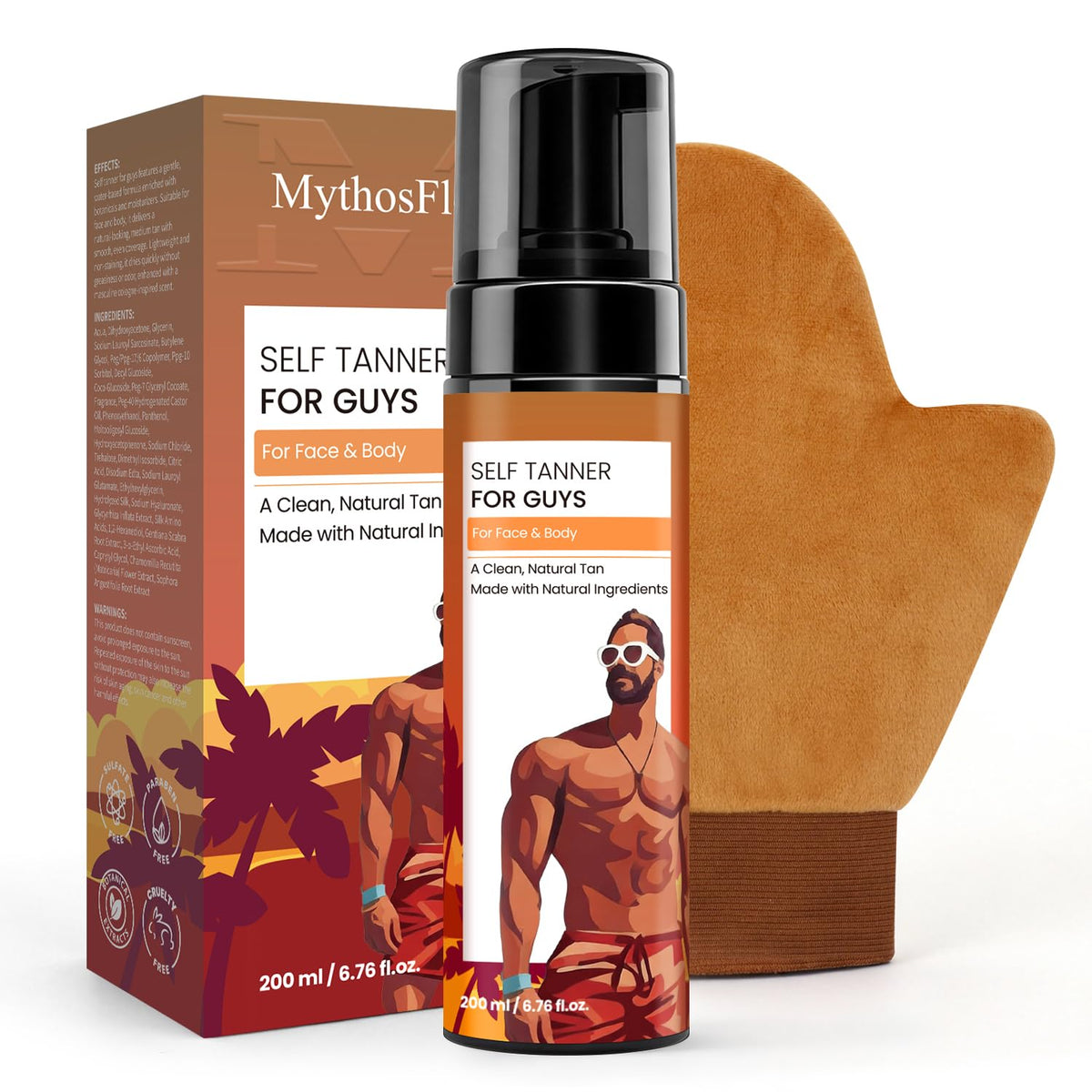 MythosFlow front packaging showing mousse bottle and mitt for quick application