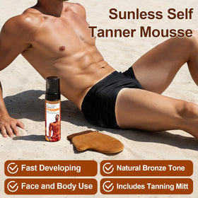MythosFlow tanning mitt with foam on palm demonstrating controlled coverage