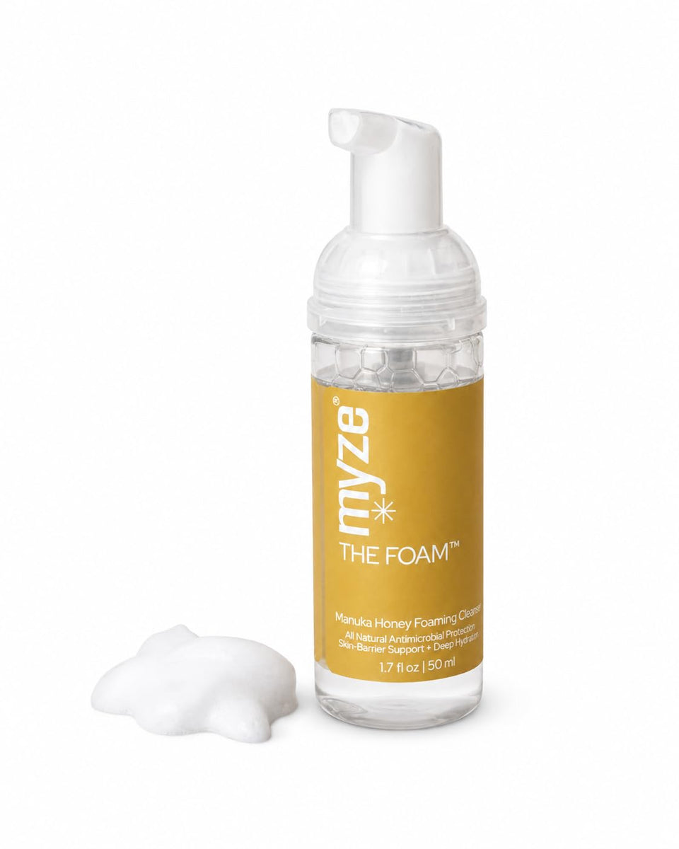 Myze front packaging showing The Foam bottle and benefits