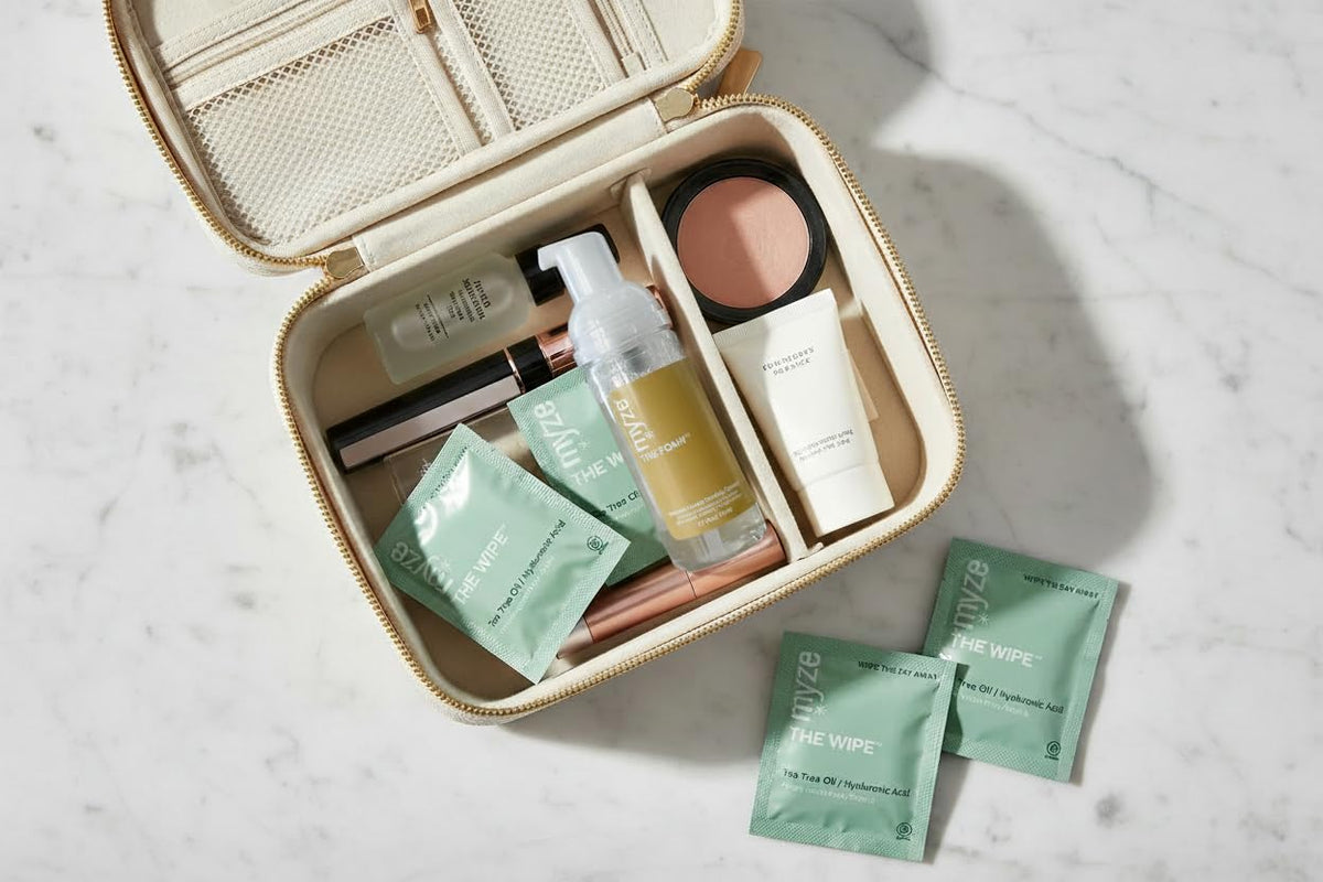 Myze lifestyle bathroom counter showing daily routine placement
