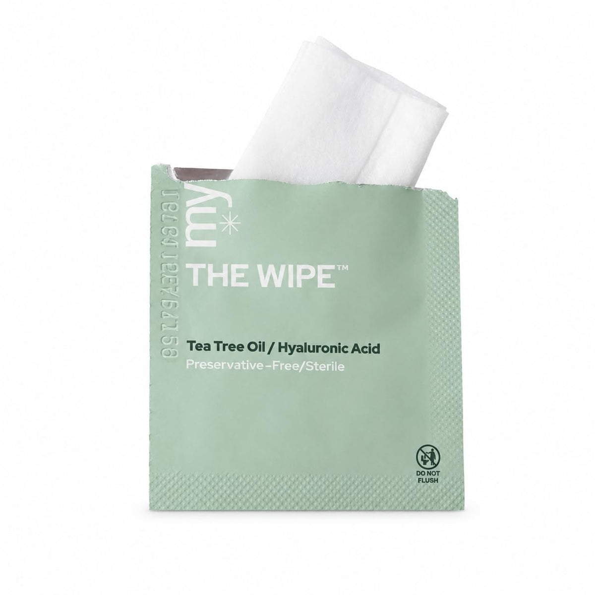 Myze The Wipe ingredient label highlighting tea tree and hyaluronic benefits