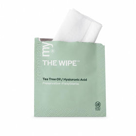 Myze The Wipe ingredient label highlighting tea tree and hyaluronic benefits