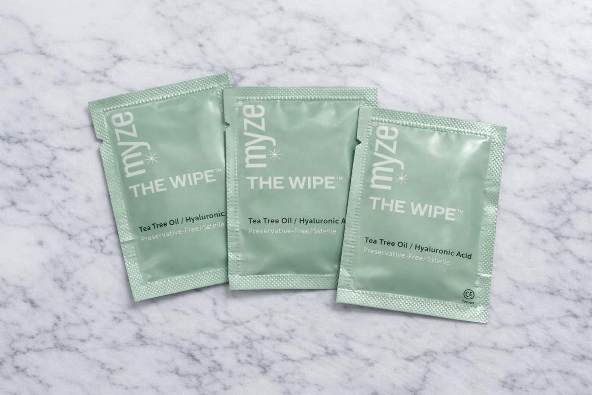 Myze The Wipe in use gently cleaning eyelids demonstrating comfort and effectiveness