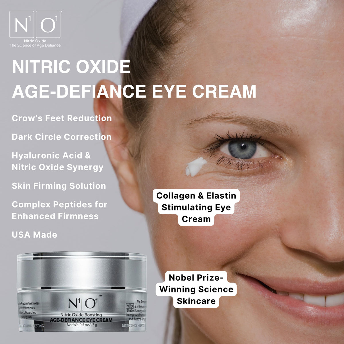 N1O1 applied under eye to reduce puffiness and refresh appearance