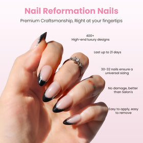Nail Reformation close-up of black glitter French tip showing sparkly, polished detail benefit
