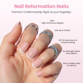 Nail Reformation close-up of white French tip detail benefit: crisp, durable finish