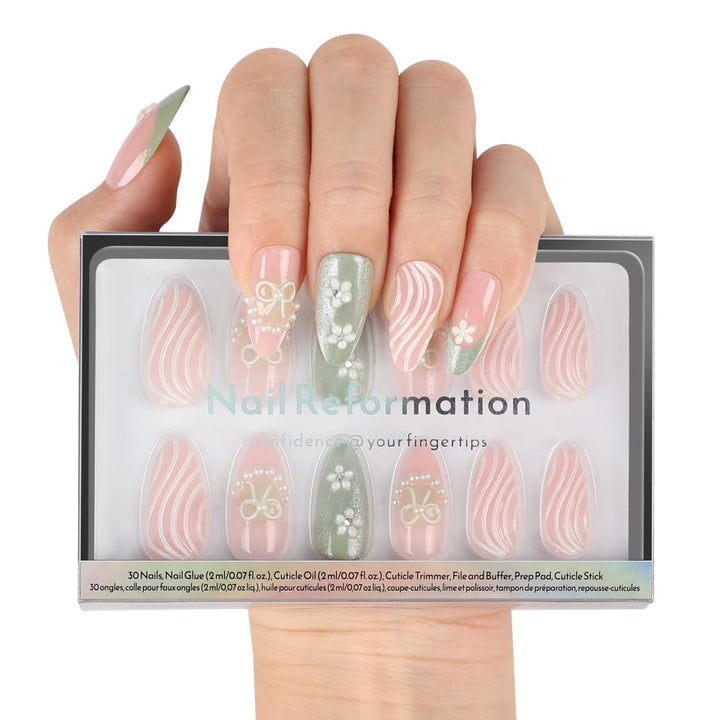 Nail Reformation front packaging showing Garden of Pearls kit and complete contents benefit convenience