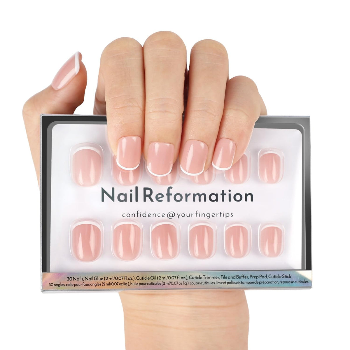 Nail Reformation front packaging showing glossy French press-on nails benefit: complete kit