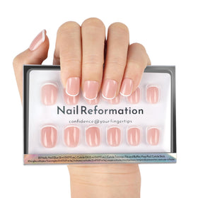 Nail Reformation front packaging showing glossy French press-on nails benefit: complete kit