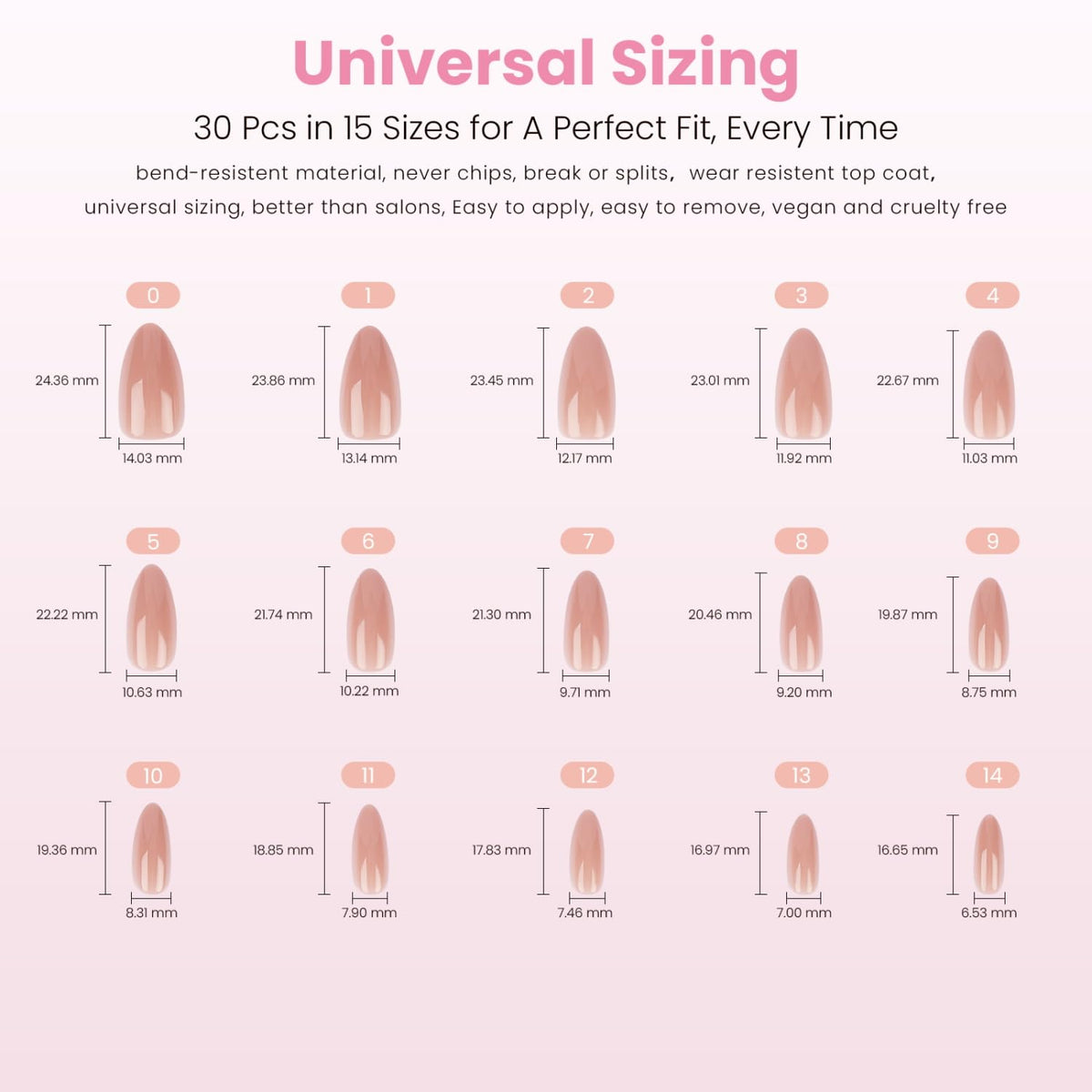 Nail Reformation layout of 15 sizes showing selection options for precise fit
