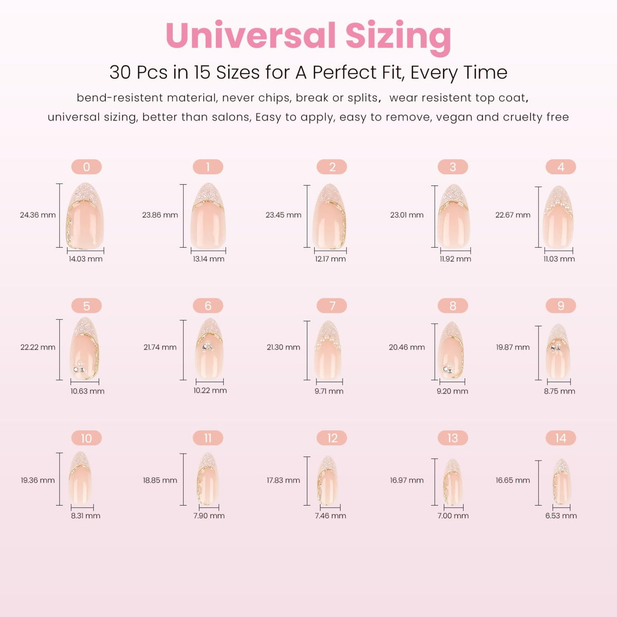 Nail Reformation layout of 15 sizes for customized fit and selection