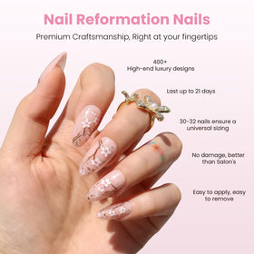 Nail Reformation close-up of gold flecks and floral accents for elegance