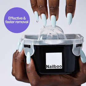 Nailboo bottle beside dip powder showing compatibility benefit
