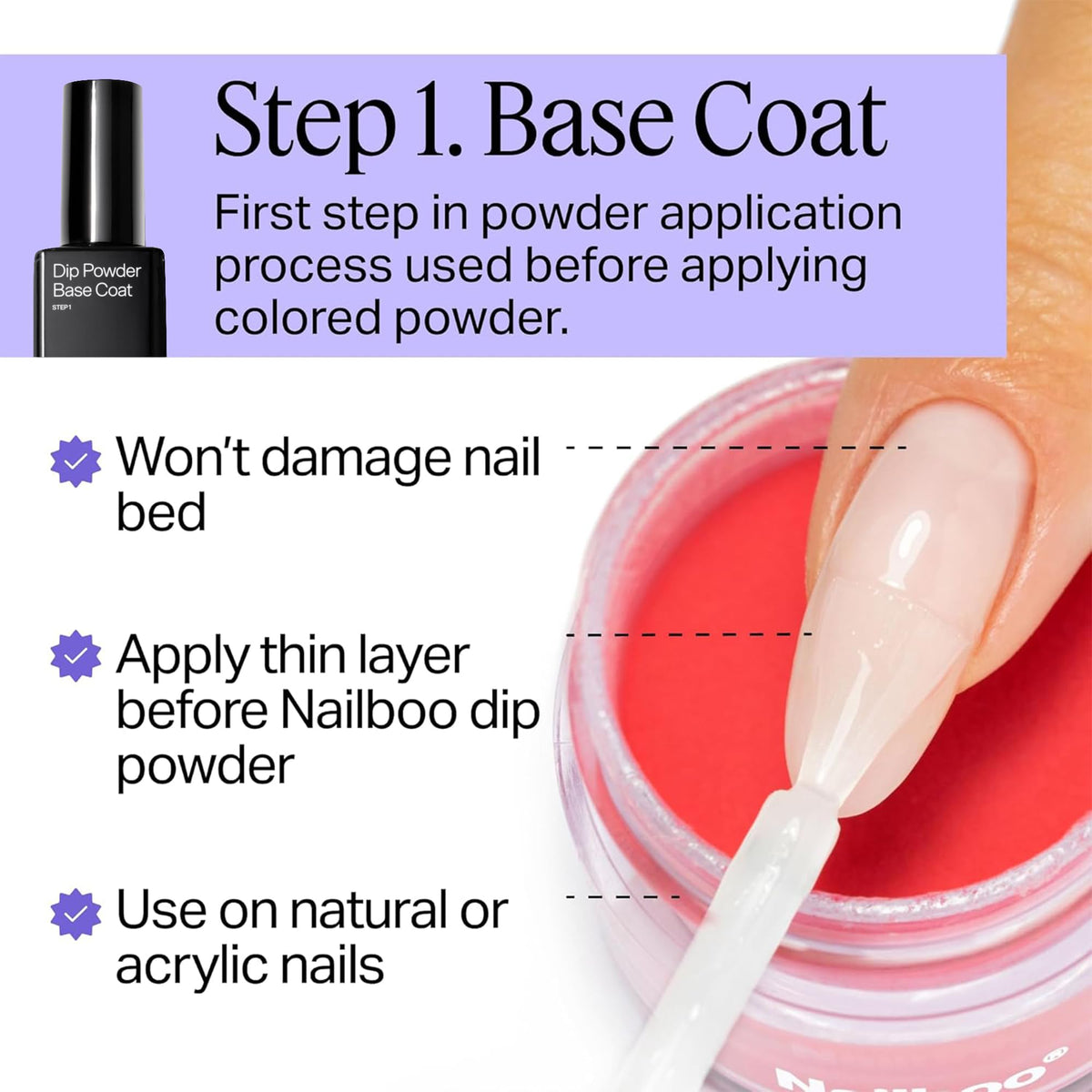 Nailboo brush applying base liquid to nail for improved adhesion and cleaner edges