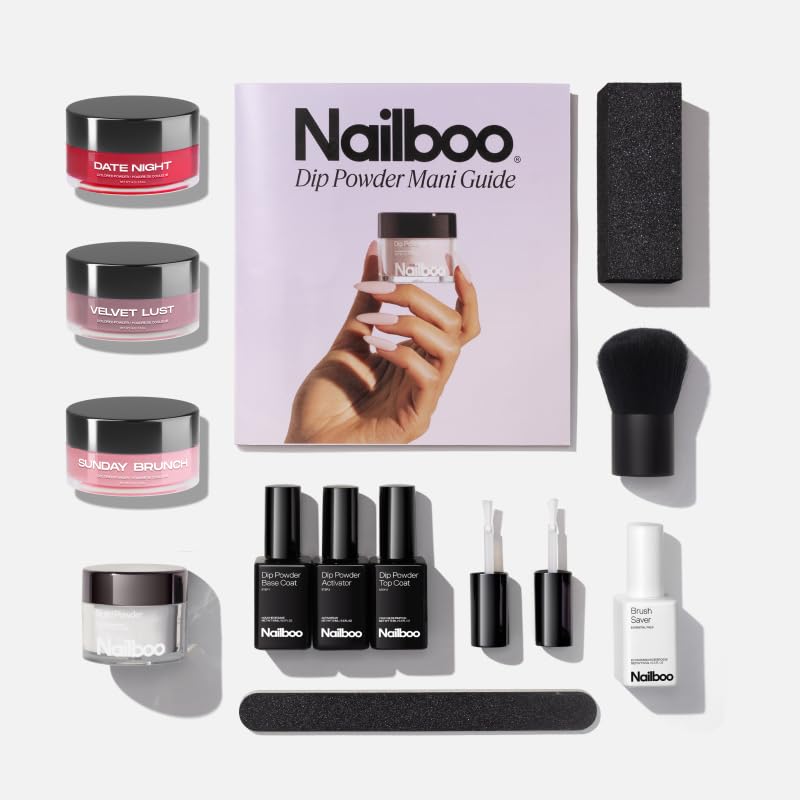 Nailboo front packaging showing included powders and tools for easy at-home nails