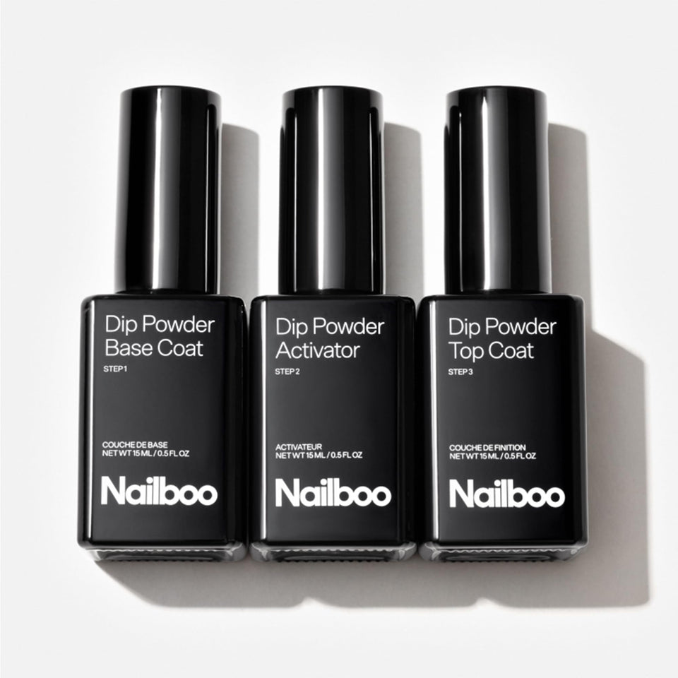 Nailboo front packaging showing three 0.5 fl oz bottles, clear kit presentation and convenience