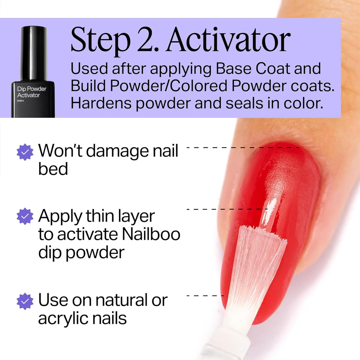 Nailboo hand dipping nail into powder illustrating simple DIY technique and build control