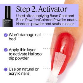 Nailboo hand dipping nail into powder illustrating simple DIY technique and build control