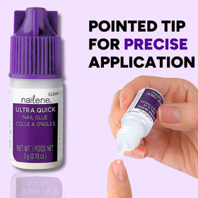 Nailene clear glue drop on a press-on nail demonstrating fast adhesion benefit