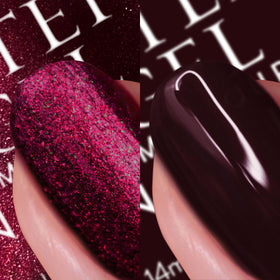Nails Inc Billie bottle label detail showing deep burgundy opacity benefit