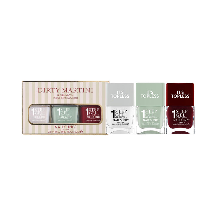 Nails Inc front packaging showing three It's Topless bottles and stylish trio