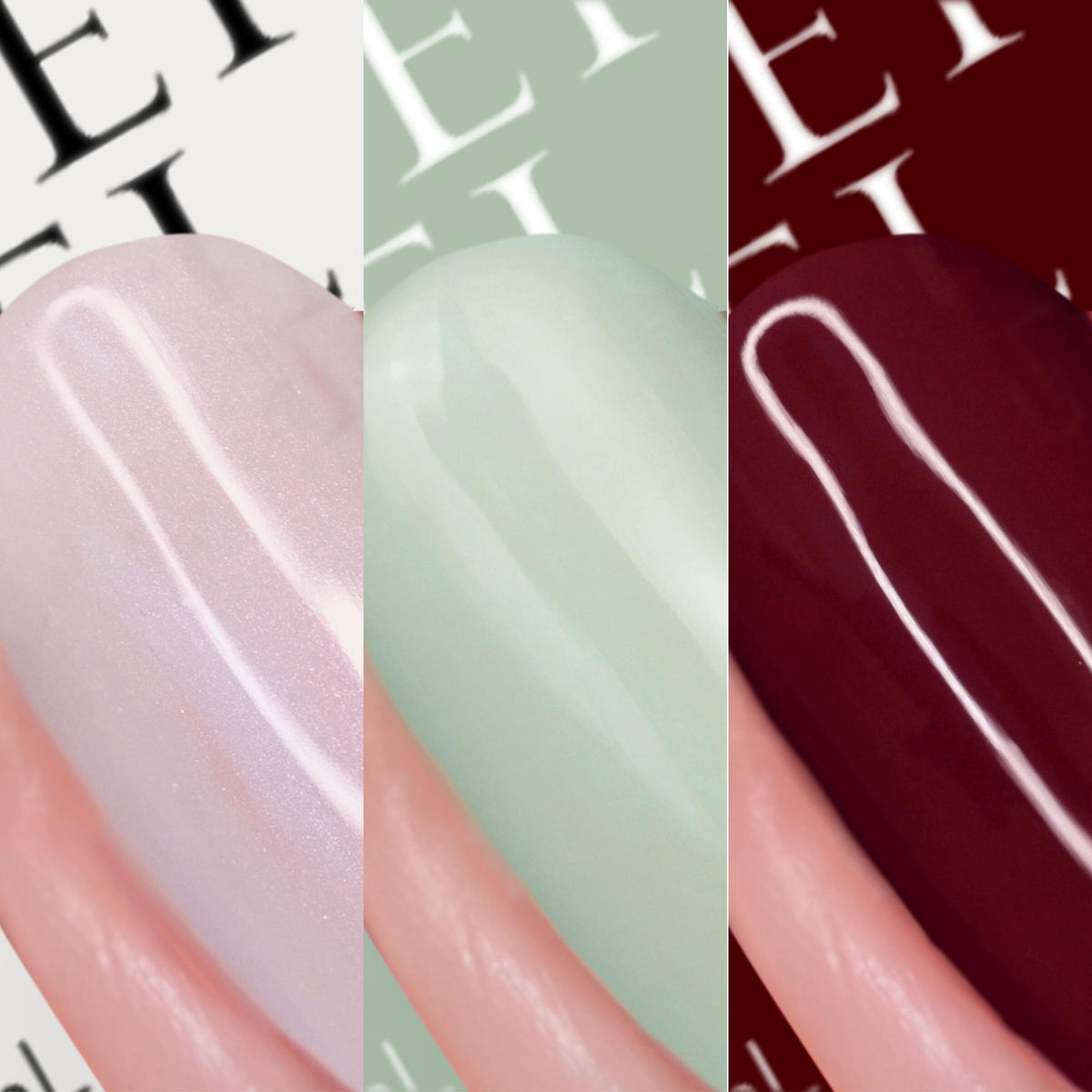 Nails Inc nail polish swatches showing Pearl Eve Verity for shade selection