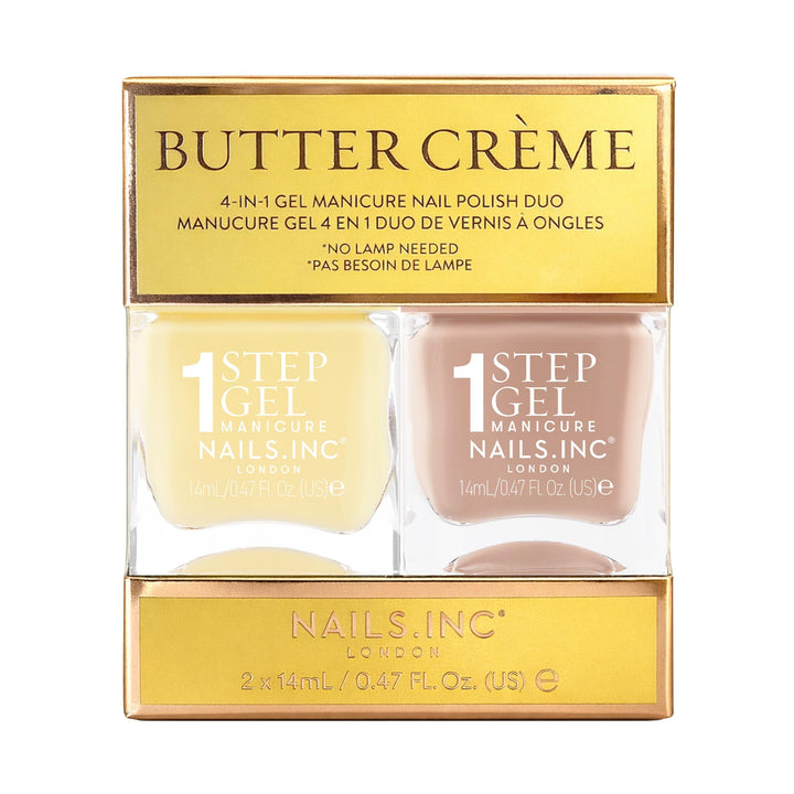 Nails Inc duo front packaging showing both butter crème shades and benefits