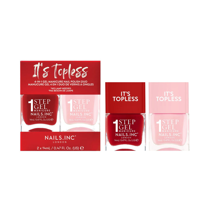Nails Inc front packaging showing both It’s Topless bottles and duo benefits