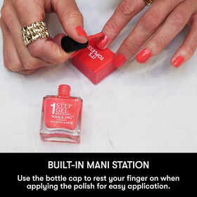 Nails Inc application scene at desk demonstrating quick air-dry manicure