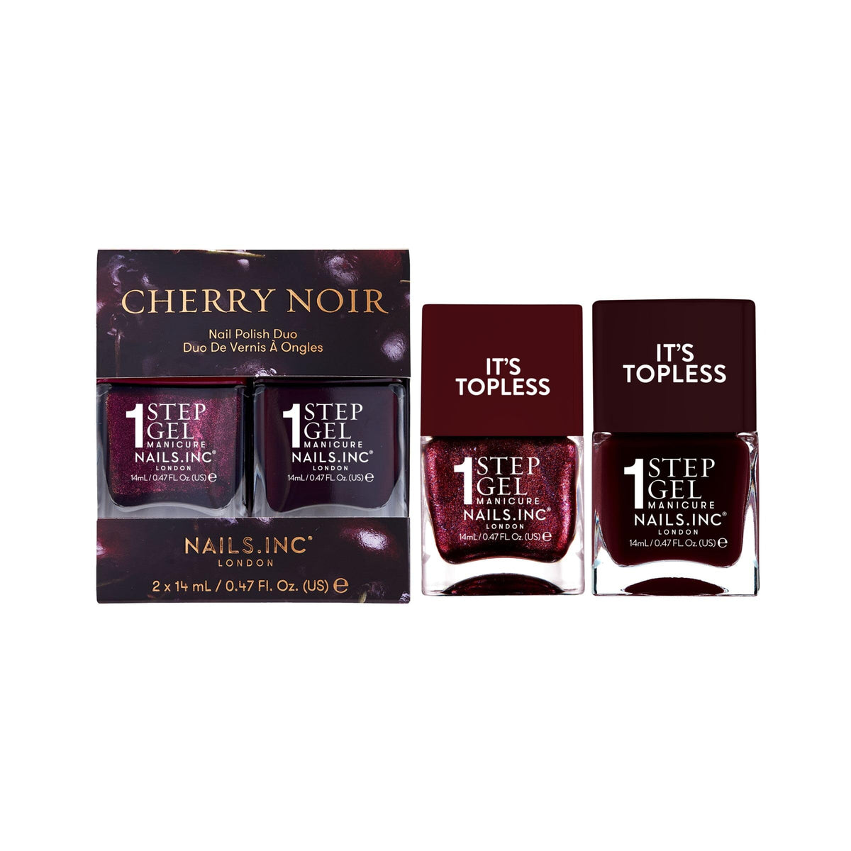 Nails Inc duo front packaging showing two cherry noir bottles and set benefit