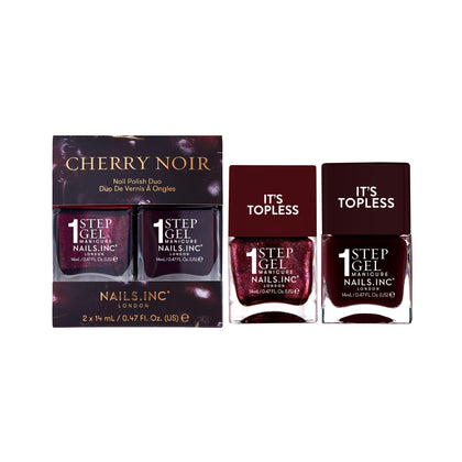 Nails Inc duo front packaging showing two cherry noir bottles and set benefit