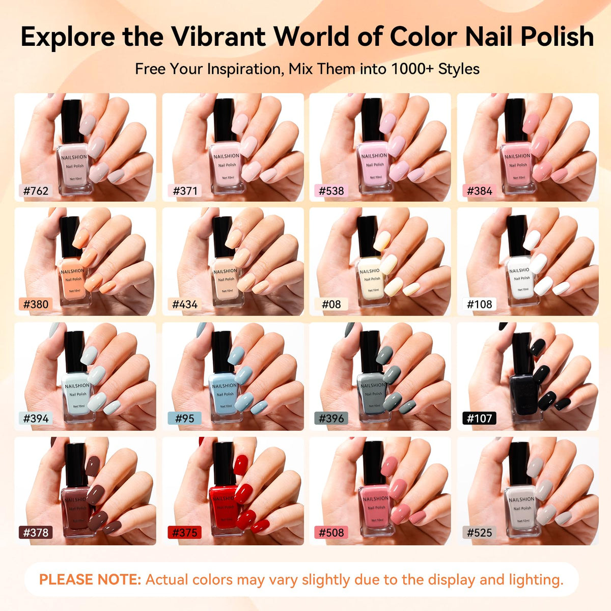 Nailshion sixteen 10ml bottles lined up displaying the neutral color range