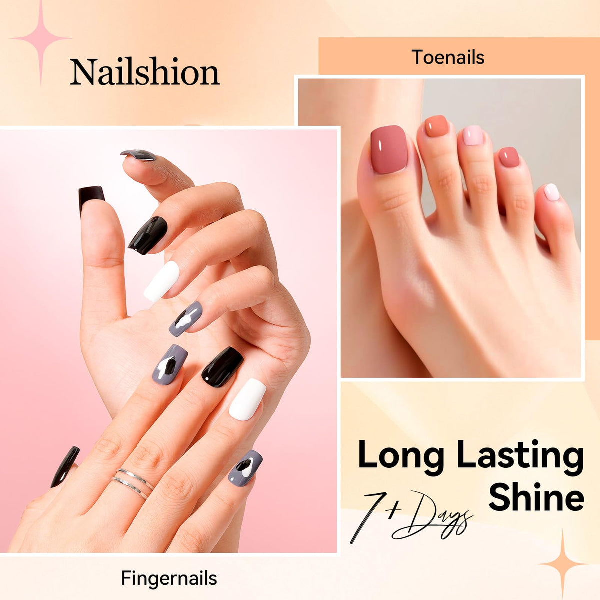 Nailshion base and top coat bottles demonstrating protection and gloss