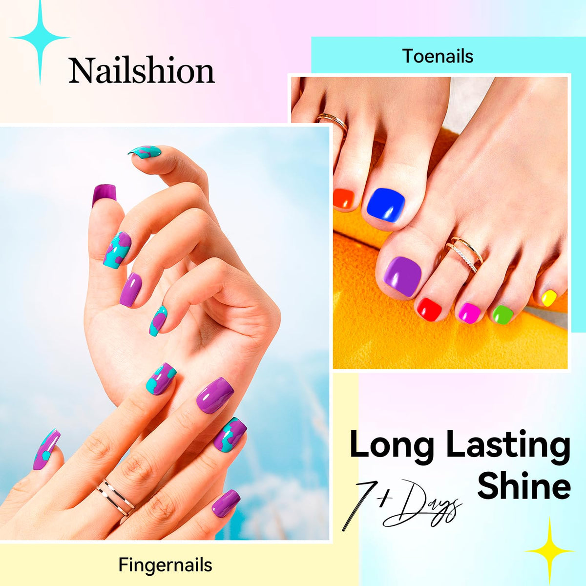 Nailshion base and top coat bottles showing protection and shine benefit