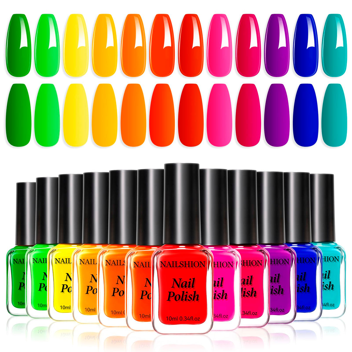 Nailshion front packaging showing all twelve neon bottles and vibrant colors