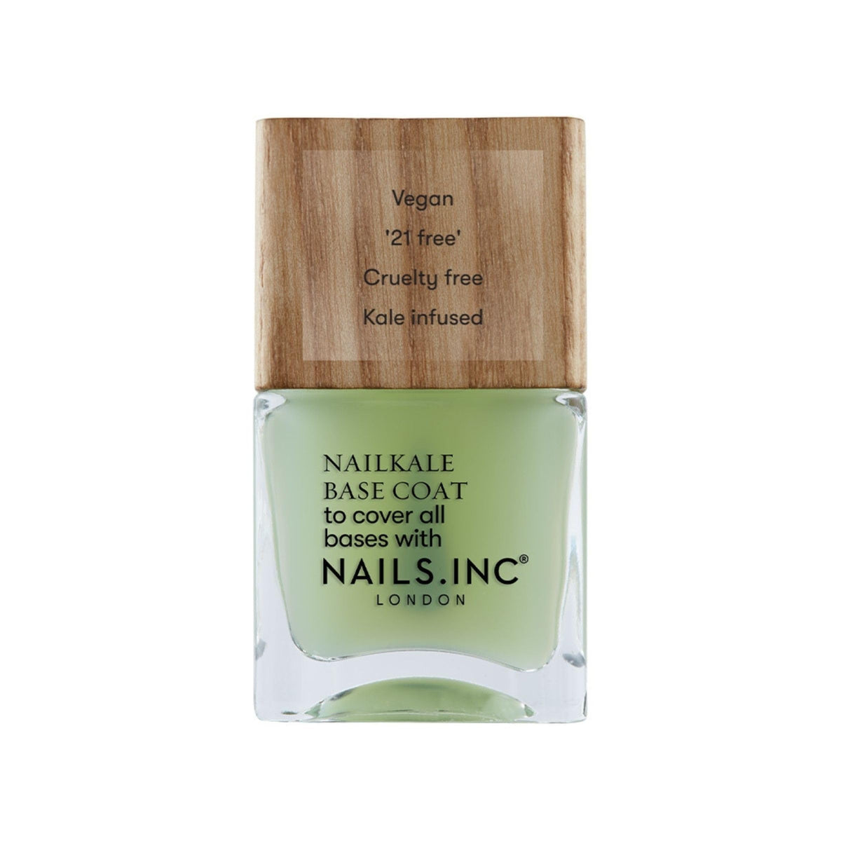 Nails Inc front bottle showing glossy clear base coat and sustainable cap benefit