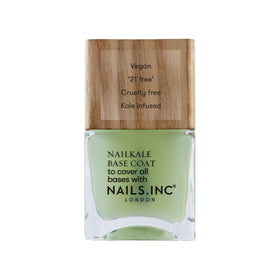 Nails Inc front bottle showing glossy clear base coat and sustainable cap benefit
