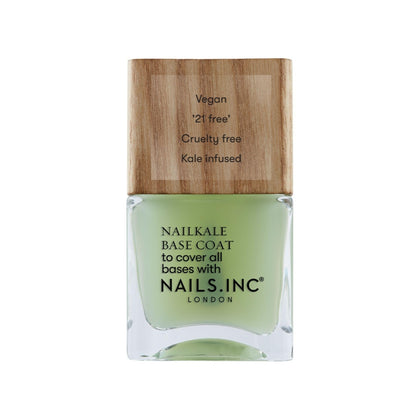 Nails Inc front bottle showing glossy clear base coat and sustainable cap benefit
