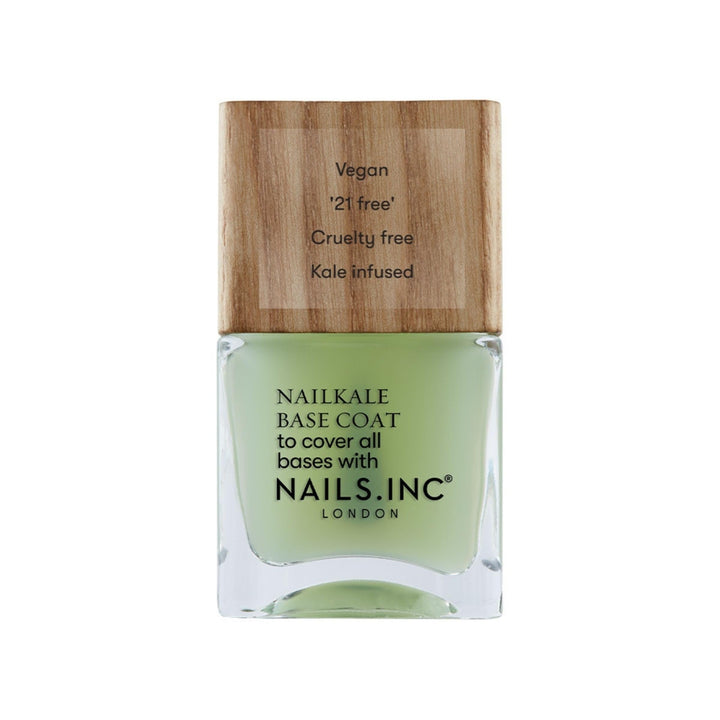 Nails Inc front bottle showing glossy clear base coat and sustainable cap benefit