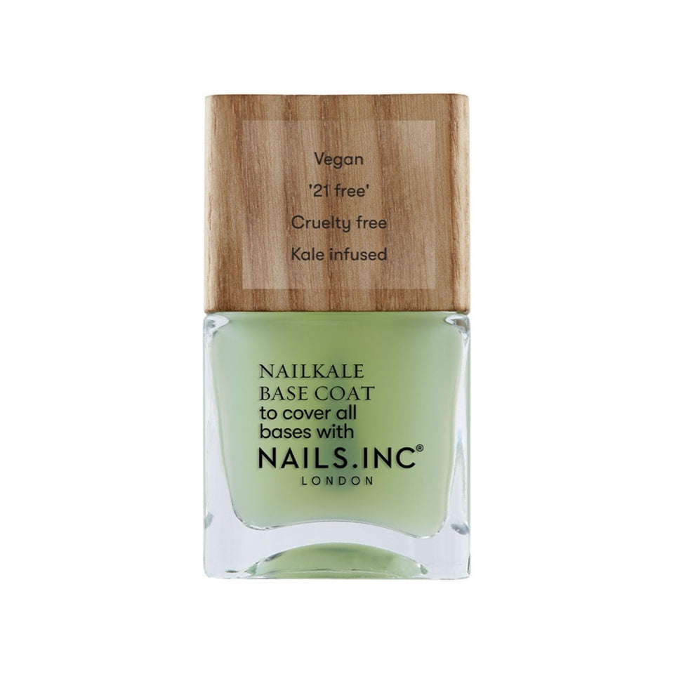 Nails Inc front bottle showing glossy clear base coat and sustainable cap benefit