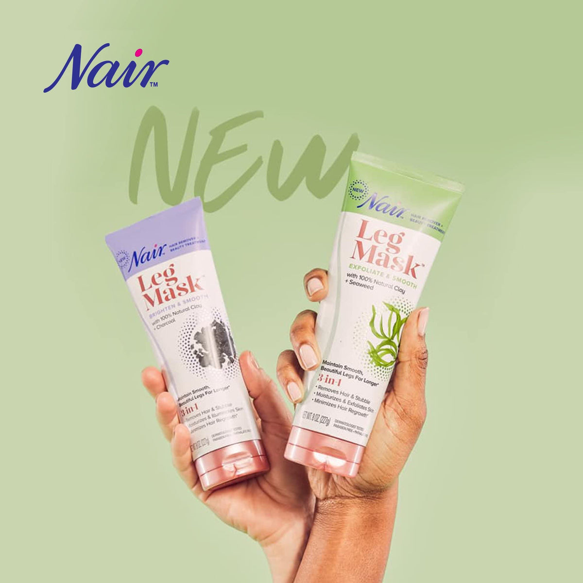 Seaweed ingredient close-up with Nair label emphasizing natural clay benefit