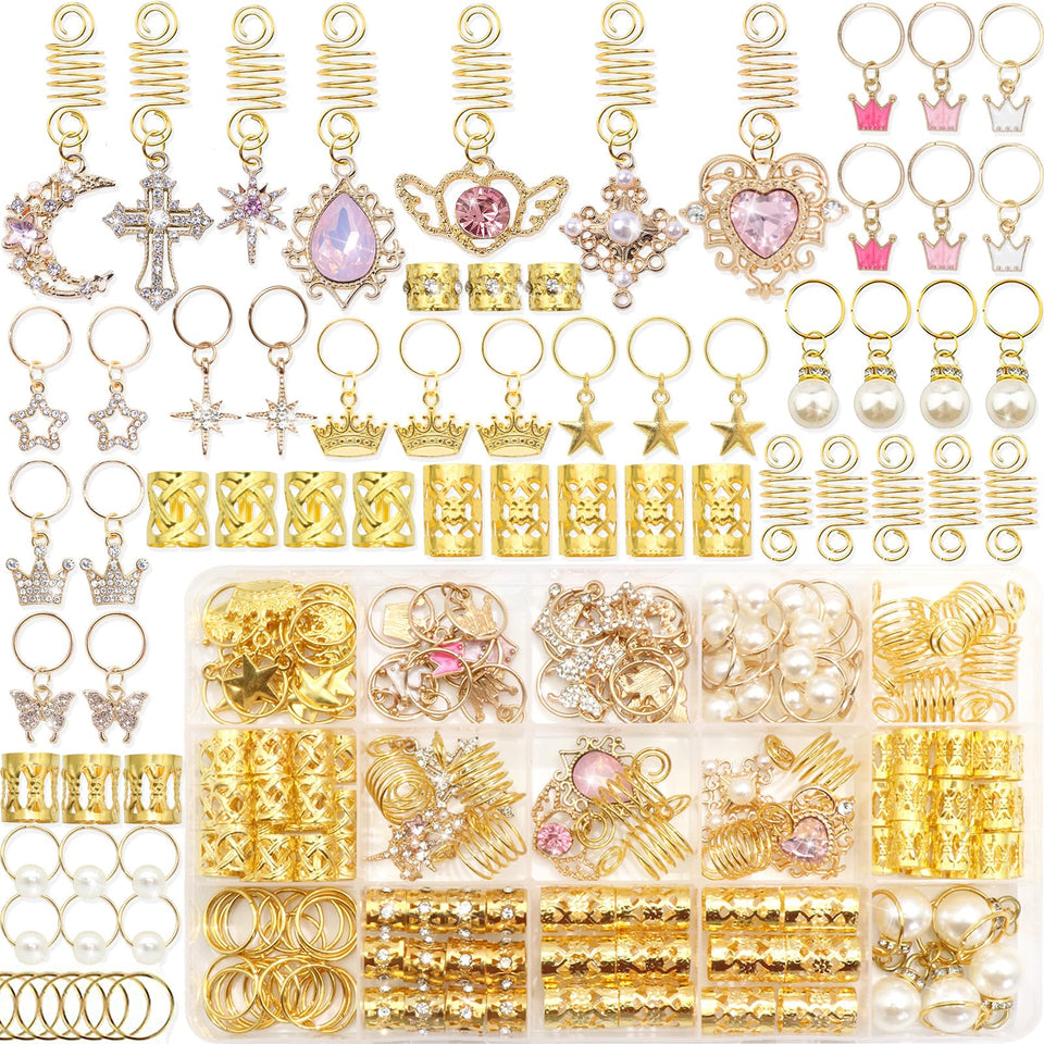 NAISKA front view of pink crystal and gold hair jewelry set, shows full variety and styling options