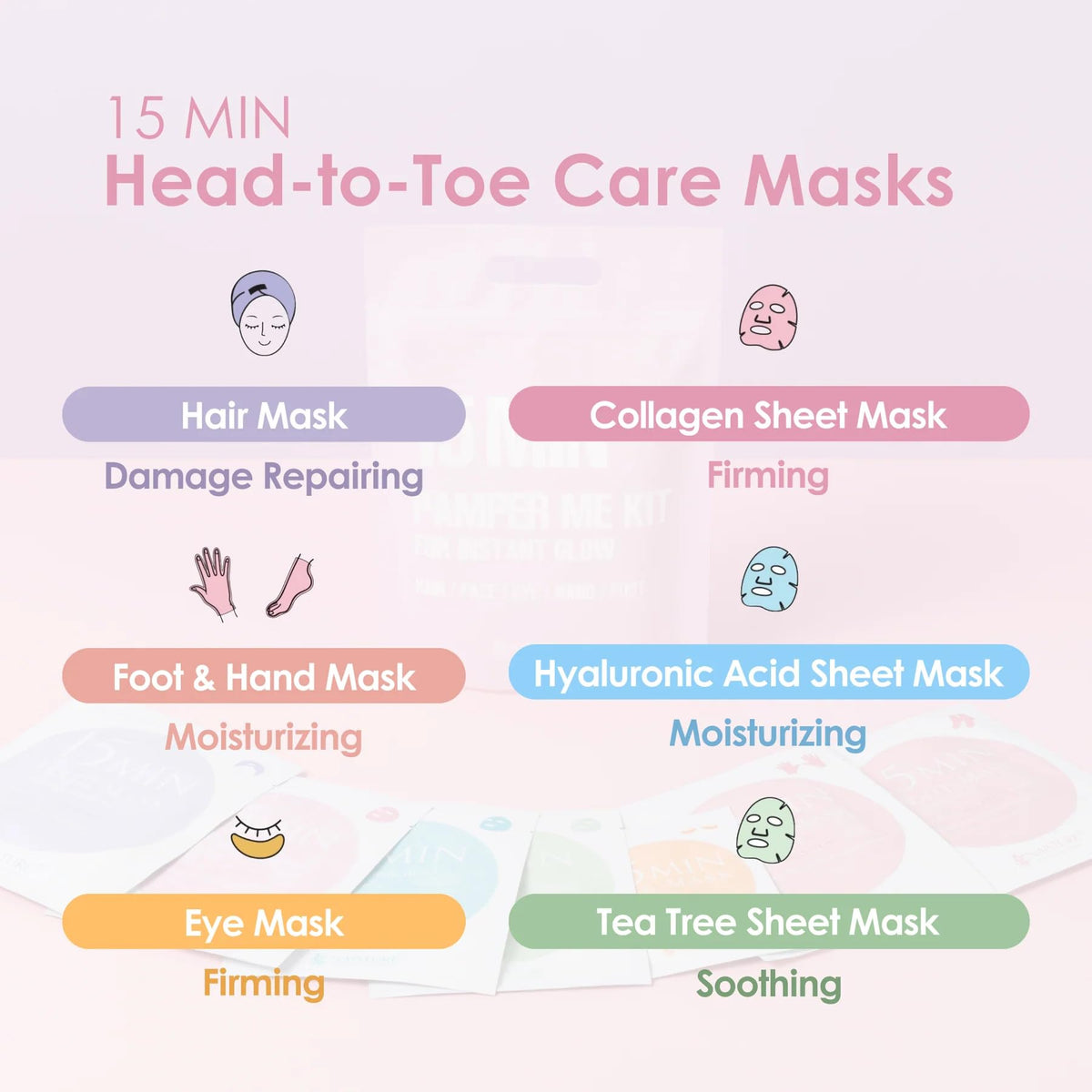 Naisture contents laid out displaying all seven masks for easy selection