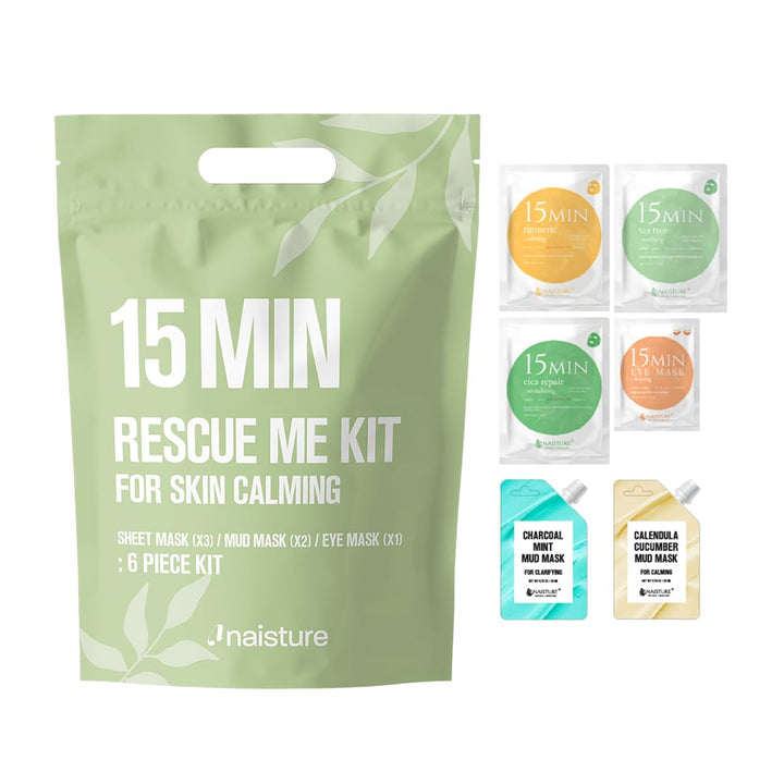 Naisture front packaging showing full 6-piece rescue me kit and quick spa benefit