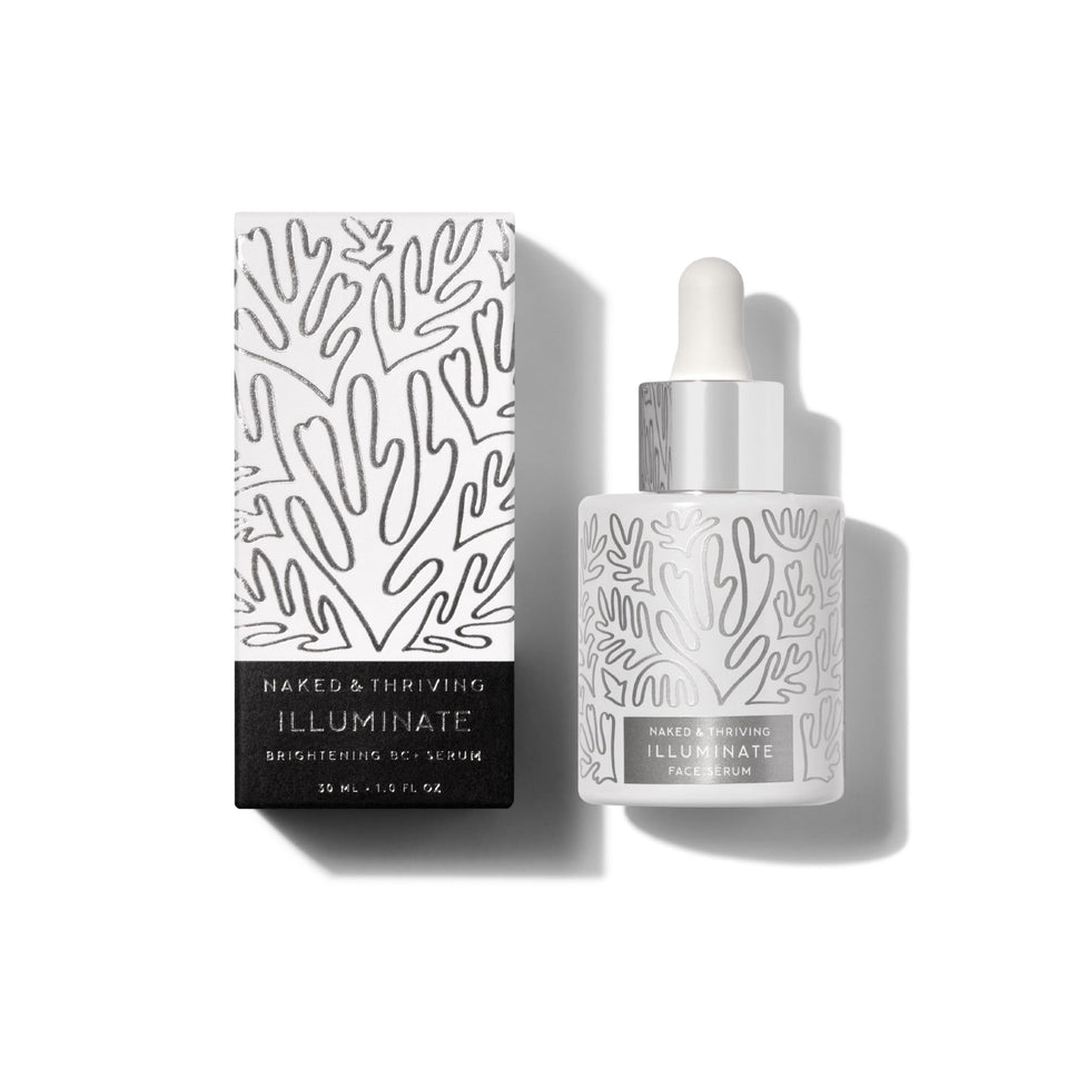 Naked & Thriving front bottle shot showing clean packaging and radiance benefit