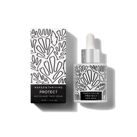 Naked & Thriving front packaging showing serum bottle and eco glass benefit