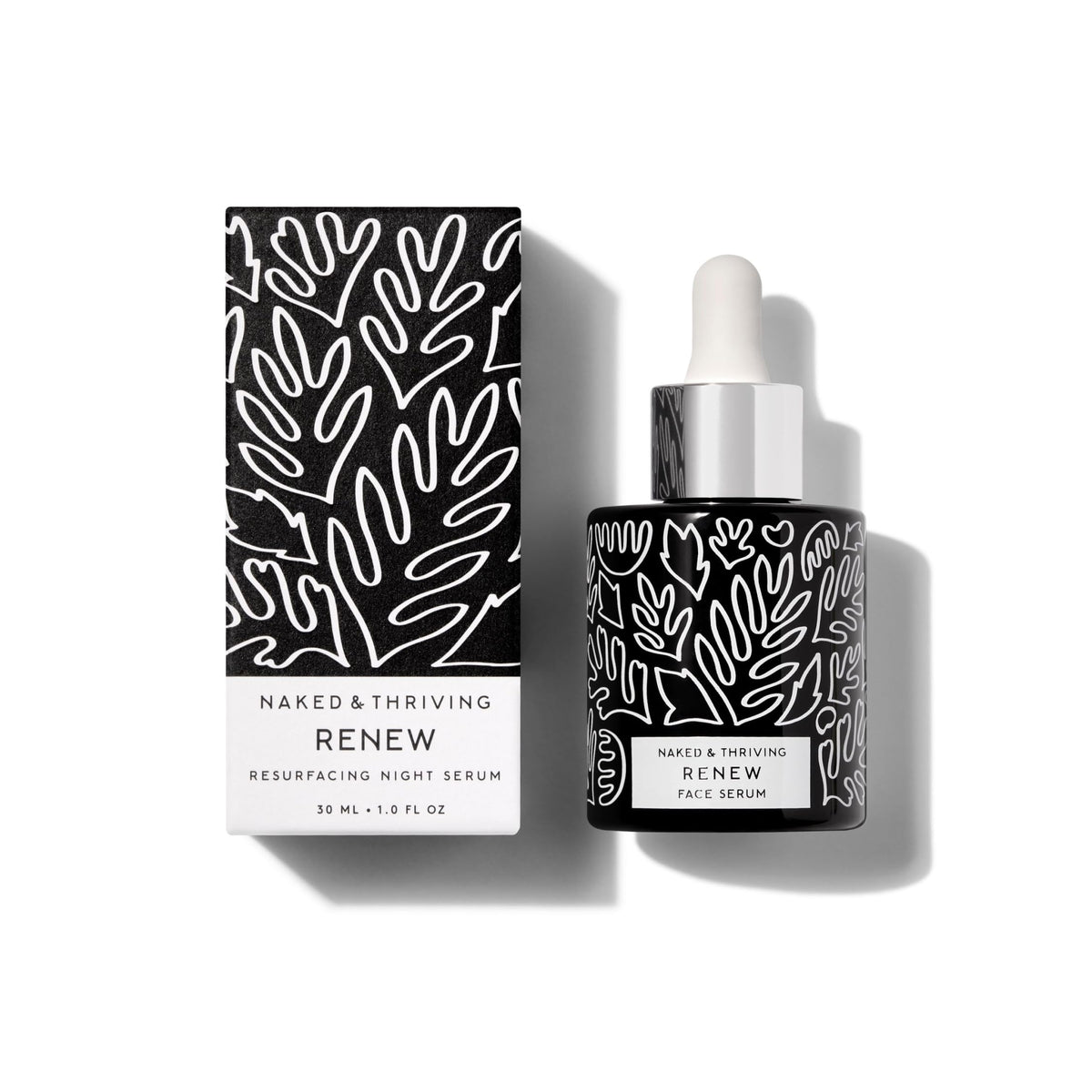 Naked & Thriving front packaging showing serum bottle and brand benefit