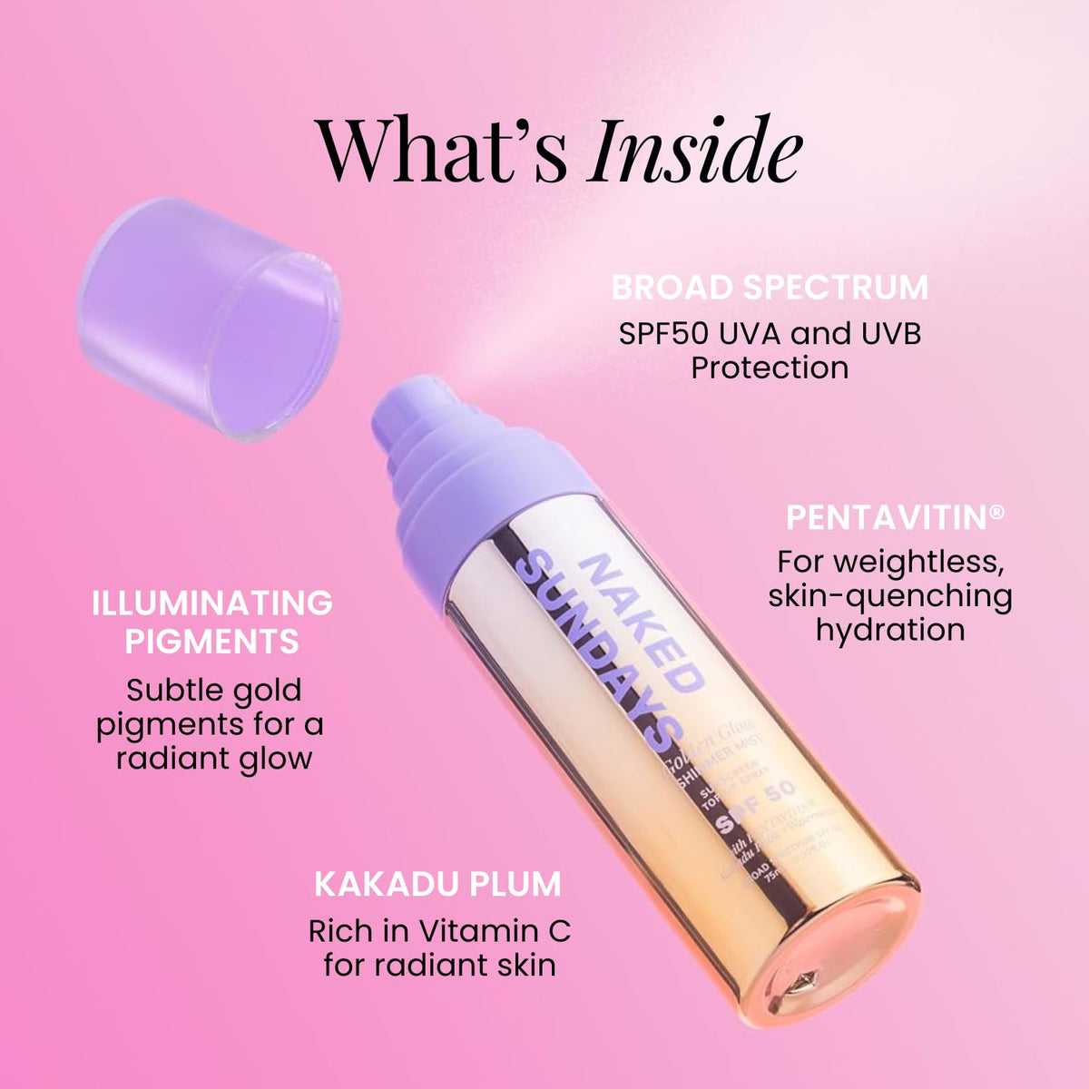 Naked Sundays mist applied over foundation with no smudging for makeup-safe protection